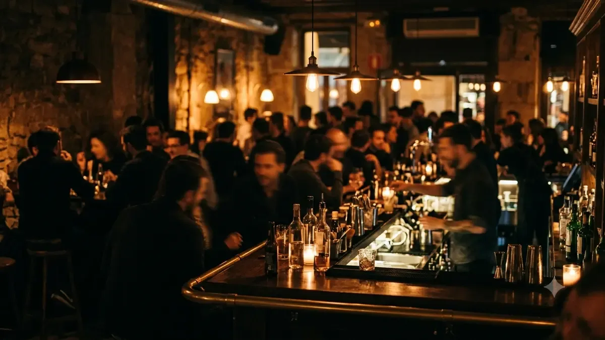 Interior de un bar de noche con luces cálidas