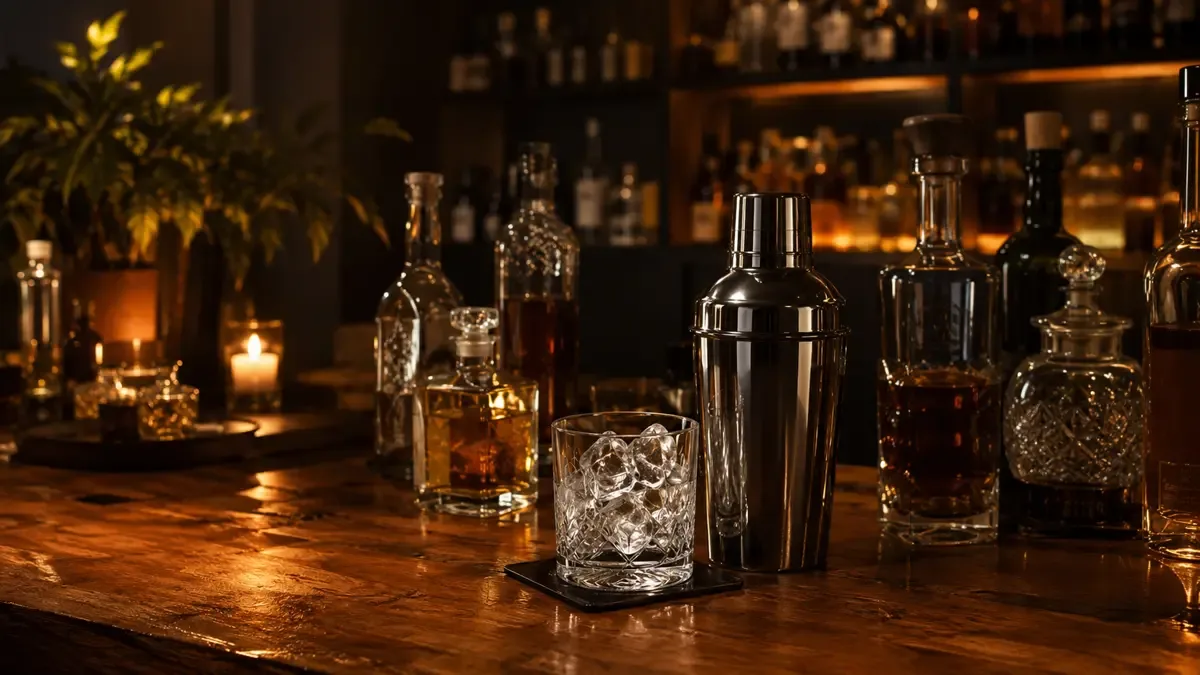 Barra casera con botellas, coctelera y un vaso con hielo