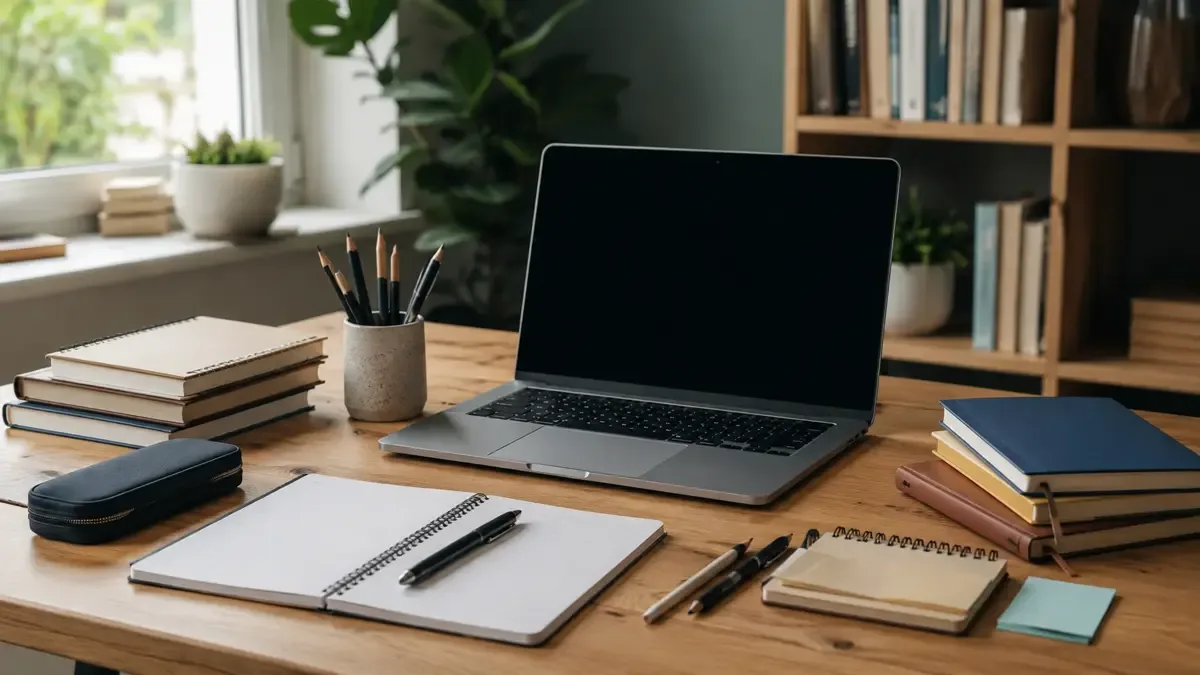 Escritorio de estudio en una casa con una computadora portátil, cuadernos y libros
